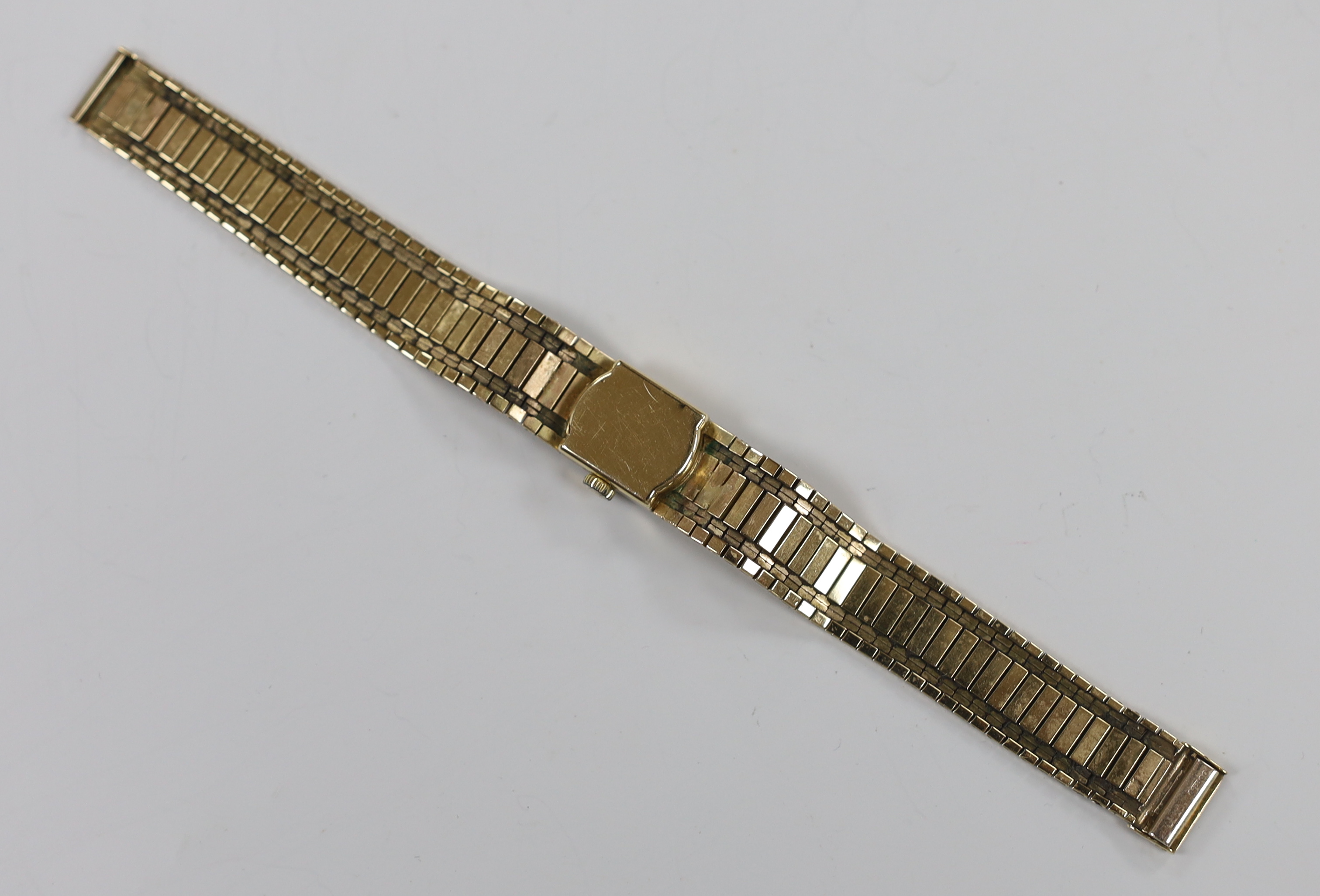 A lady's 1960's 9ct gold Jean Renet manual wind bracelet watch, overall 17.6cm, gross weight 33.6 grams.